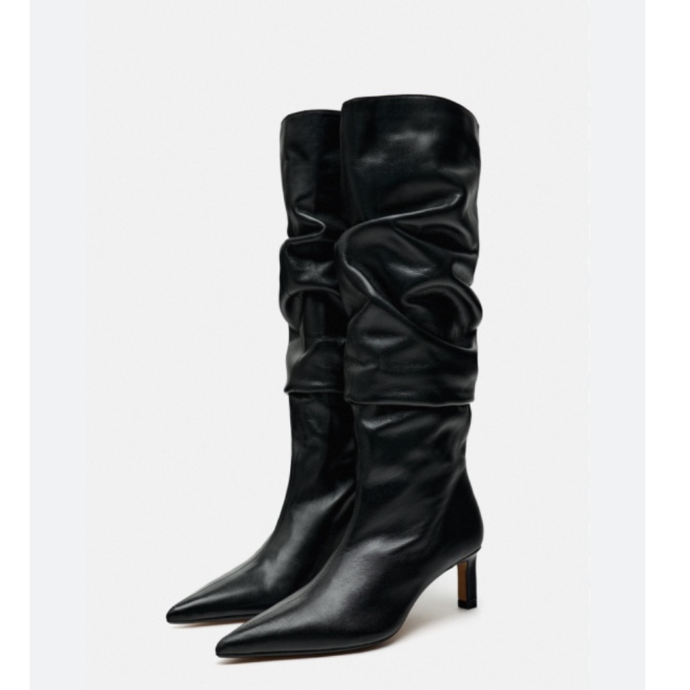 Zara slouchy leather knee high heeled boots